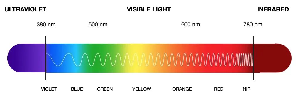 A image showing the spectrum of light and the different wavelengths from ultra violet to infrared light