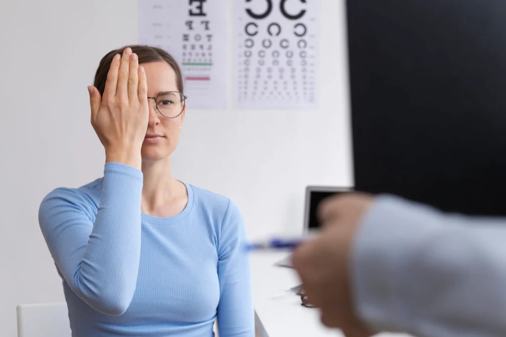 Woman at the doctor doing a vision test